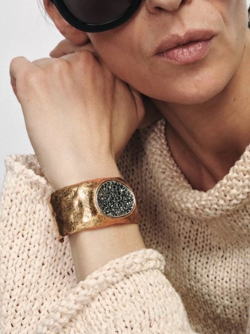 Zara NWT Gold Hammered Cuff Bracelet with Black Crystal Pavé Statement Detail